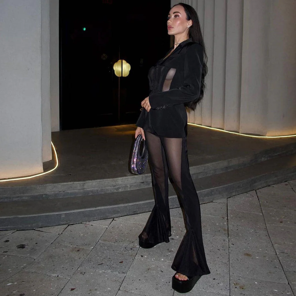 Stylish High Waist Fit and Flared Perspective Panel Sheer Mesh Pants - Image 4
