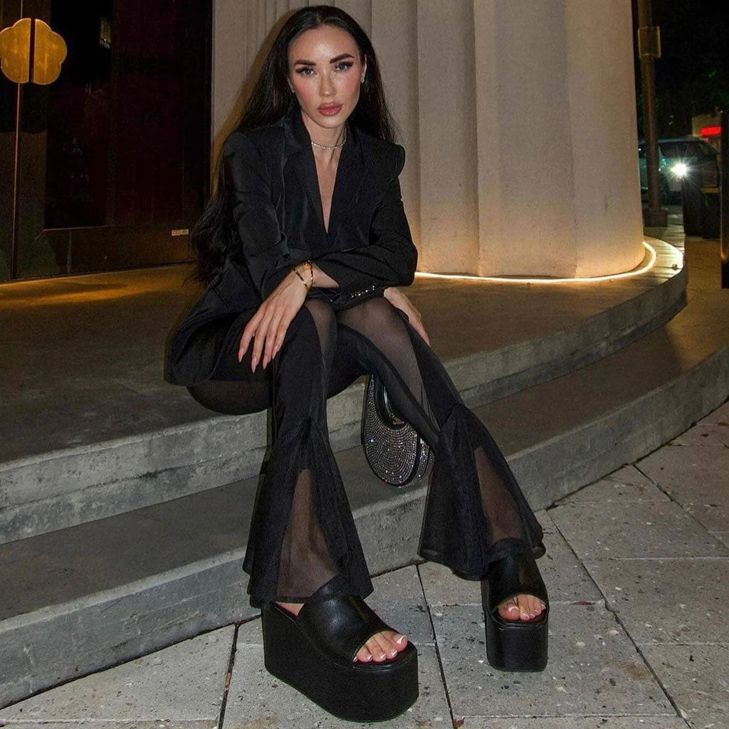 Stylish High Waist Fit and Flared Perspective Panel Sheer Mesh Pants - Image 5