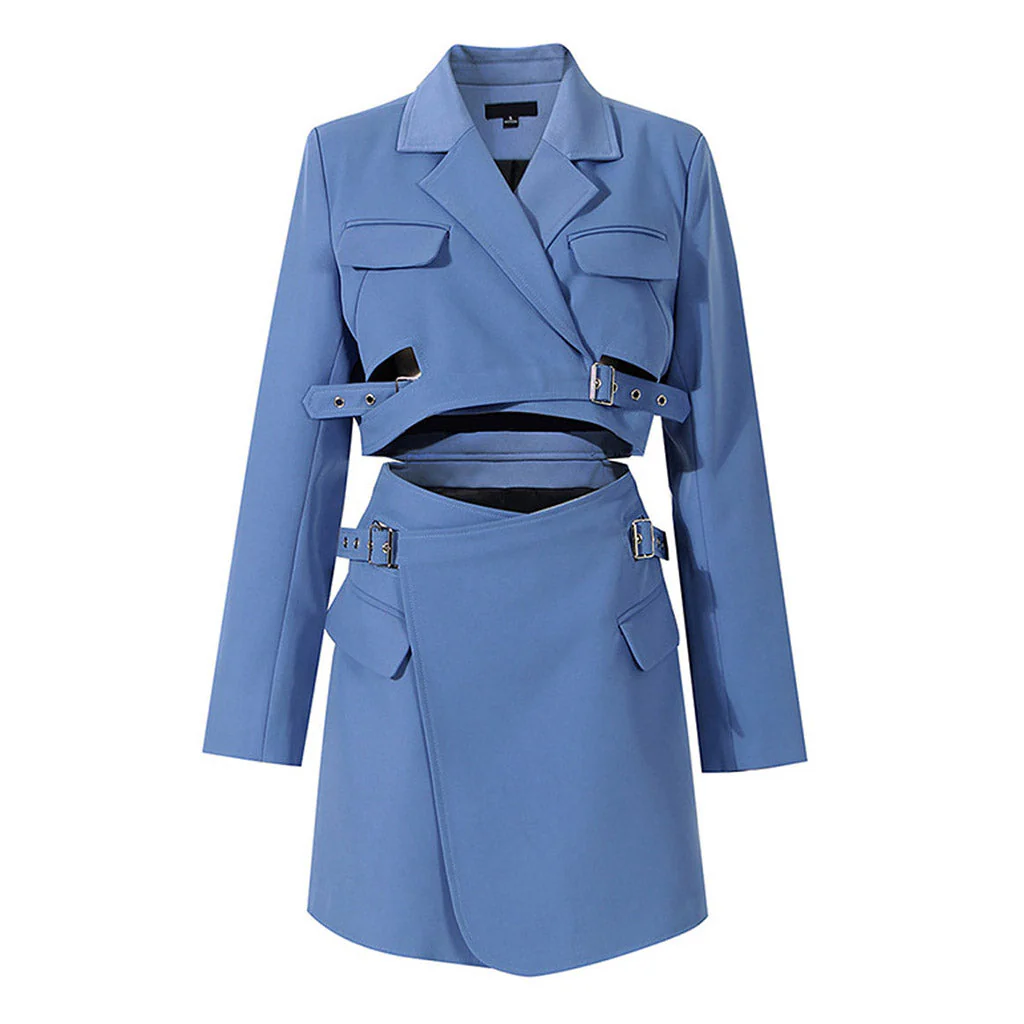 Stylish Lapel Collar Wrapped Strappy Belted Cut Out Mini Blazer Dress - Image 3