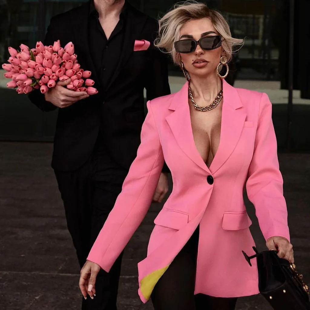 Stylish Lapel Neck Contrast Single Breasted Tailored Blazer - Pink - Image 2