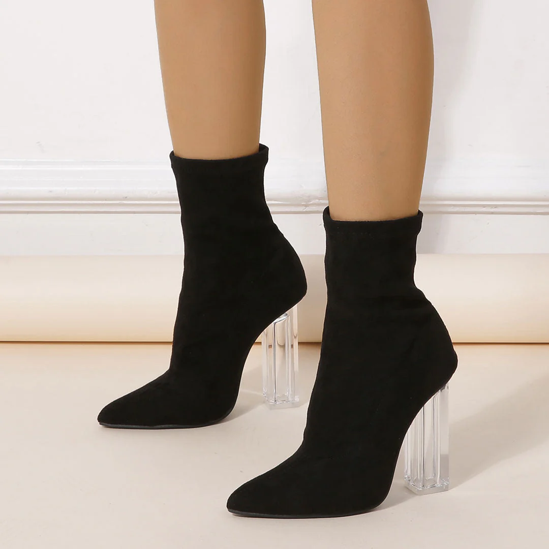 Stylish Pointed Toe Clear Block High Heel Suede Sock Ankle Boots - Black - Image 2