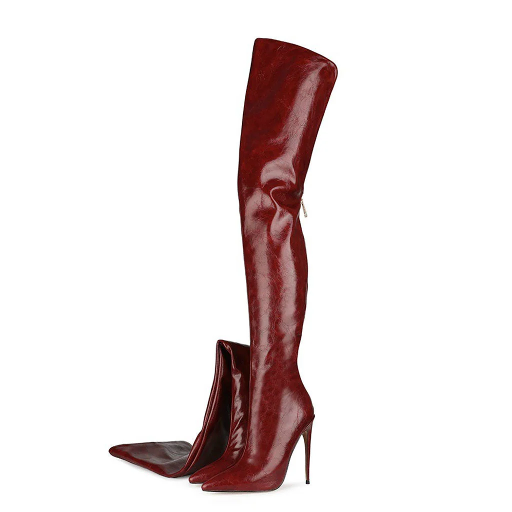 Stylish Pointed Toe Faux Leather Over Knee Stiletto Boots - Burgundy - Image 2