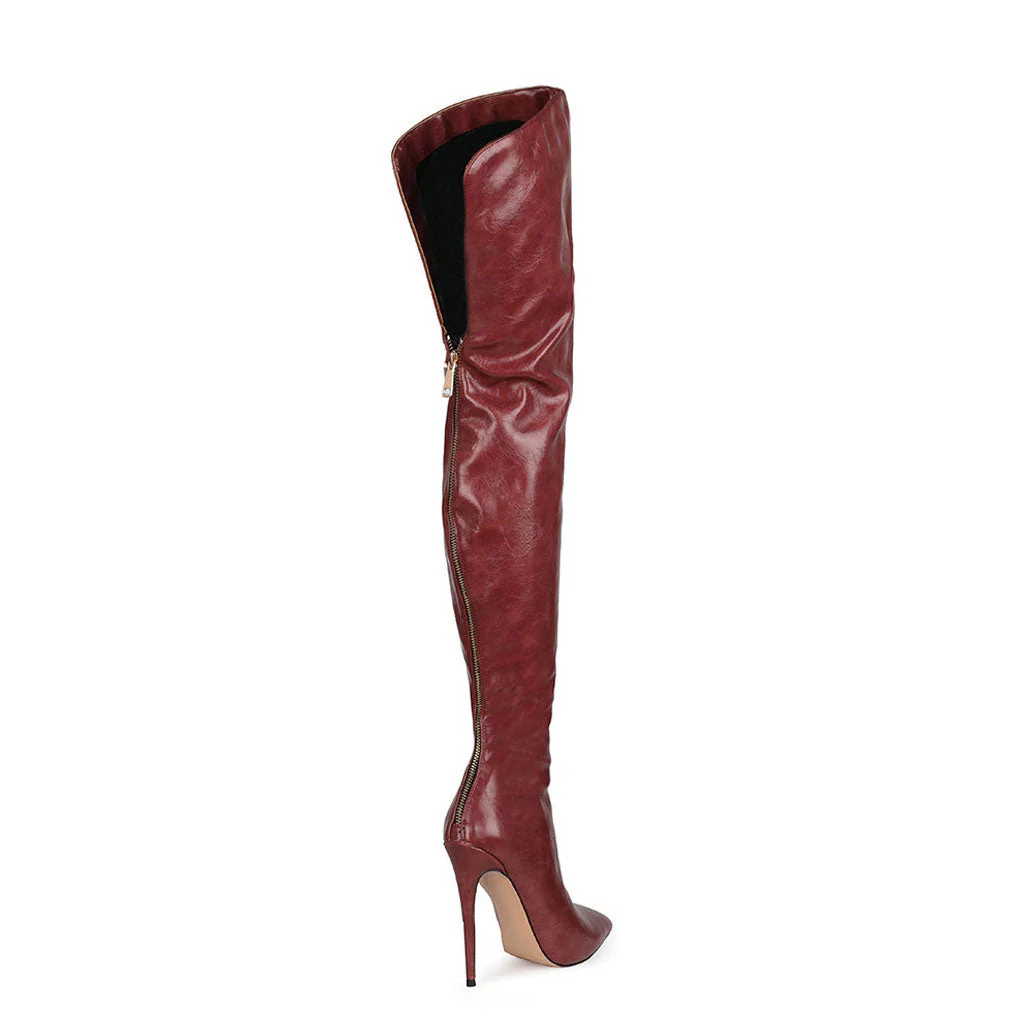 Stylish Pointed Toe Faux Leather Over Knee Stiletto Boots - Burgundy - Image 4