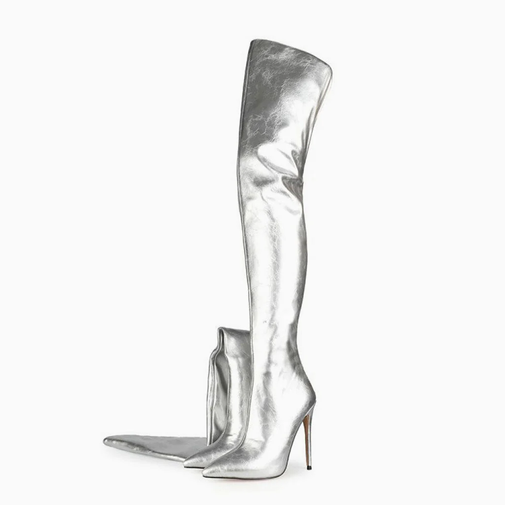 Stylish Pointed Toe Faux Leather Over Knee Stiletto Boots - Silver - Image 4