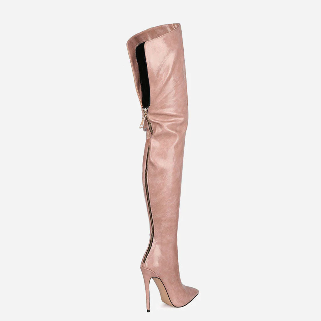 Stylish Pointed Toe Faux Leather Over Knee Stiletto Boots - Taupe Pink - Image 2