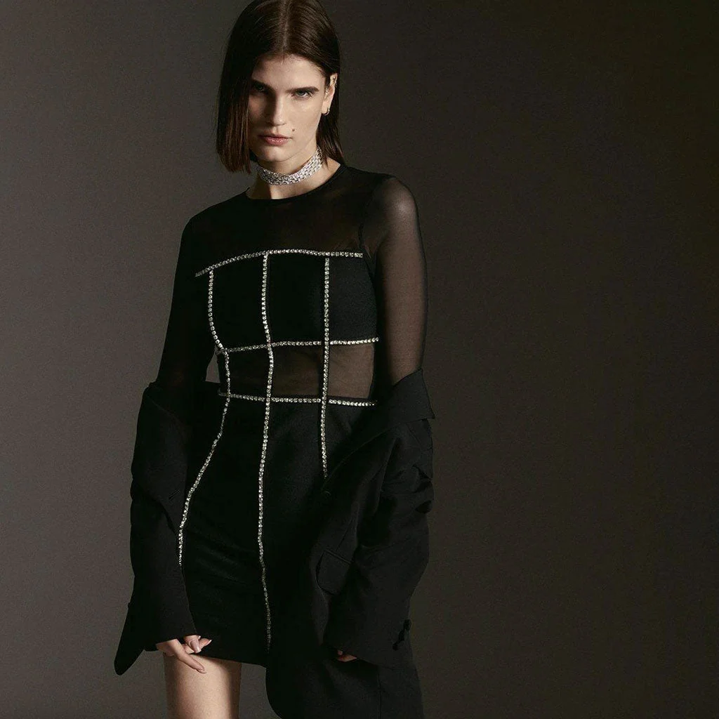 Stylish Rhinestone Embellished Sheer Mesh Panel Long Sleeve Bandage Mini Party Dress - Image 2