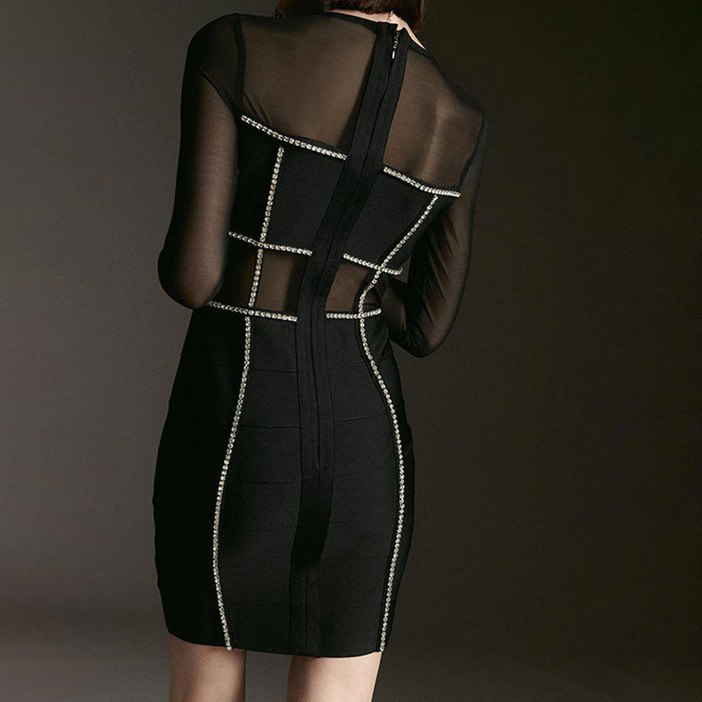 Stylish Rhinestone Embellished Sheer Mesh Panel Long Sleeve Bandage Mini Party Dress - Image 3