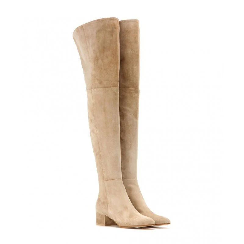 Stylish Round Toe Low Block Heeled Suede Over Knee Boots - Apricot - Image 2