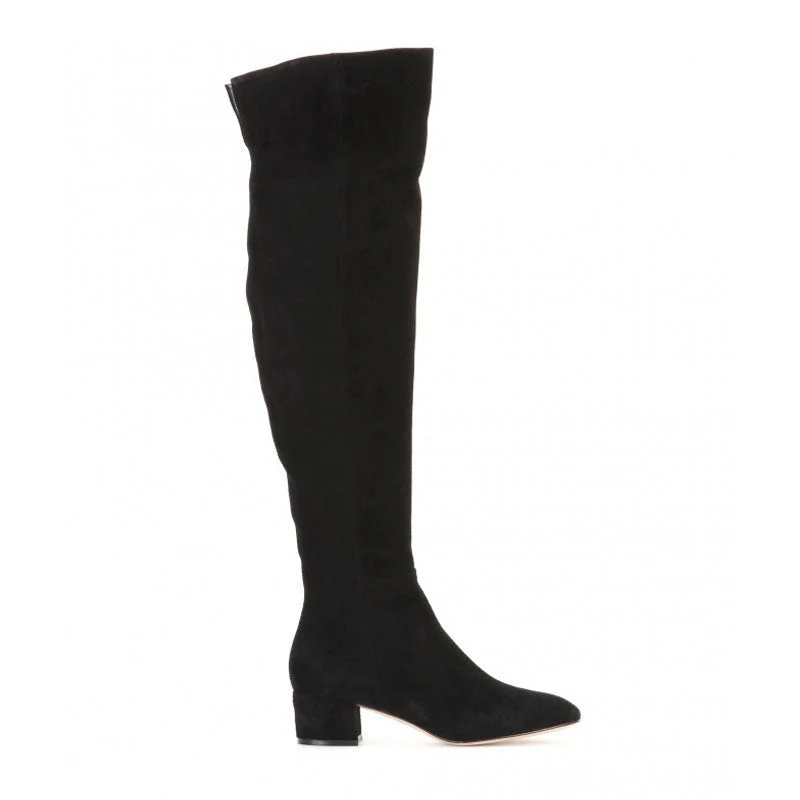 Stylish Round Toe Low Block Heeled Suede Over Knee Boots - Black - Image 2