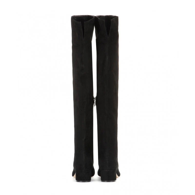 Stylish Round Toe Low Block Heeled Suede Over Knee Boots - Black - Image 4