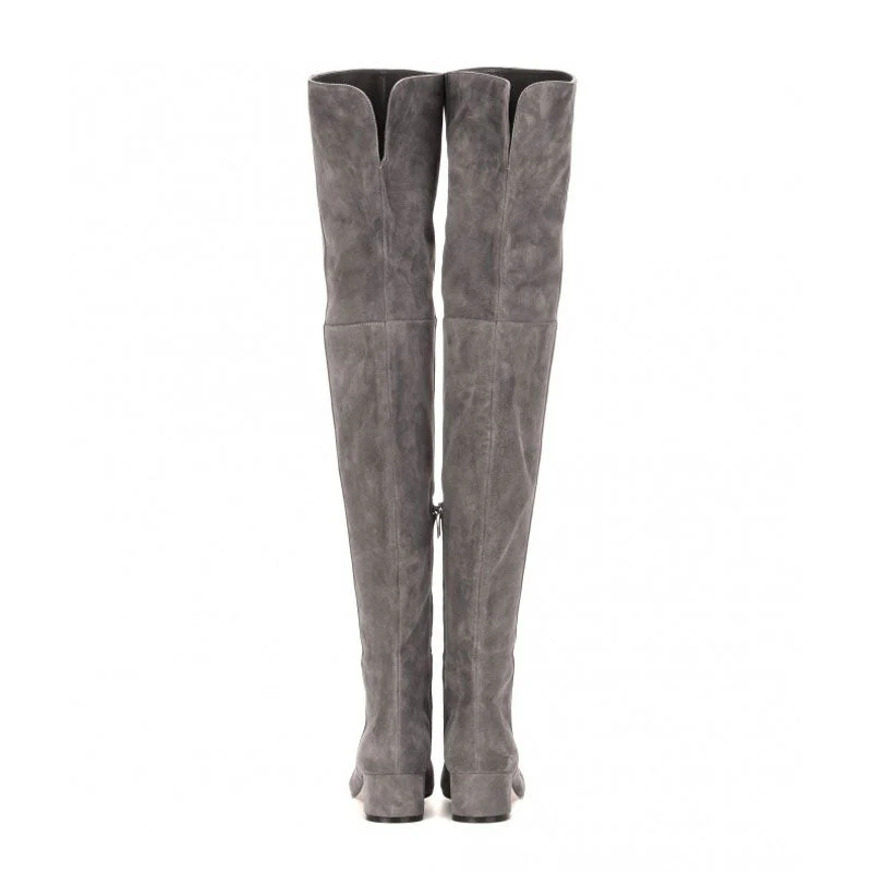 Stylish Round Toe Low Block Heeled Suede Over Knee Boots - Grey - Image 3