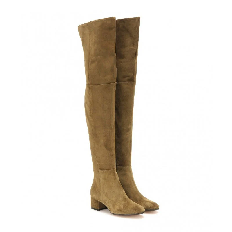Stylish Round Toe Low Block Heeled Suede Over Knee Boots - Khaki - Image 2