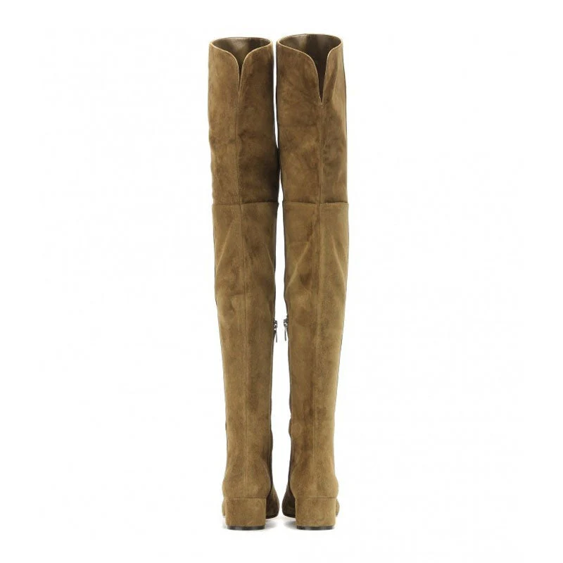 Stylish Round Toe Low Block Heeled Suede Over Knee Boots - Khaki - Image 3