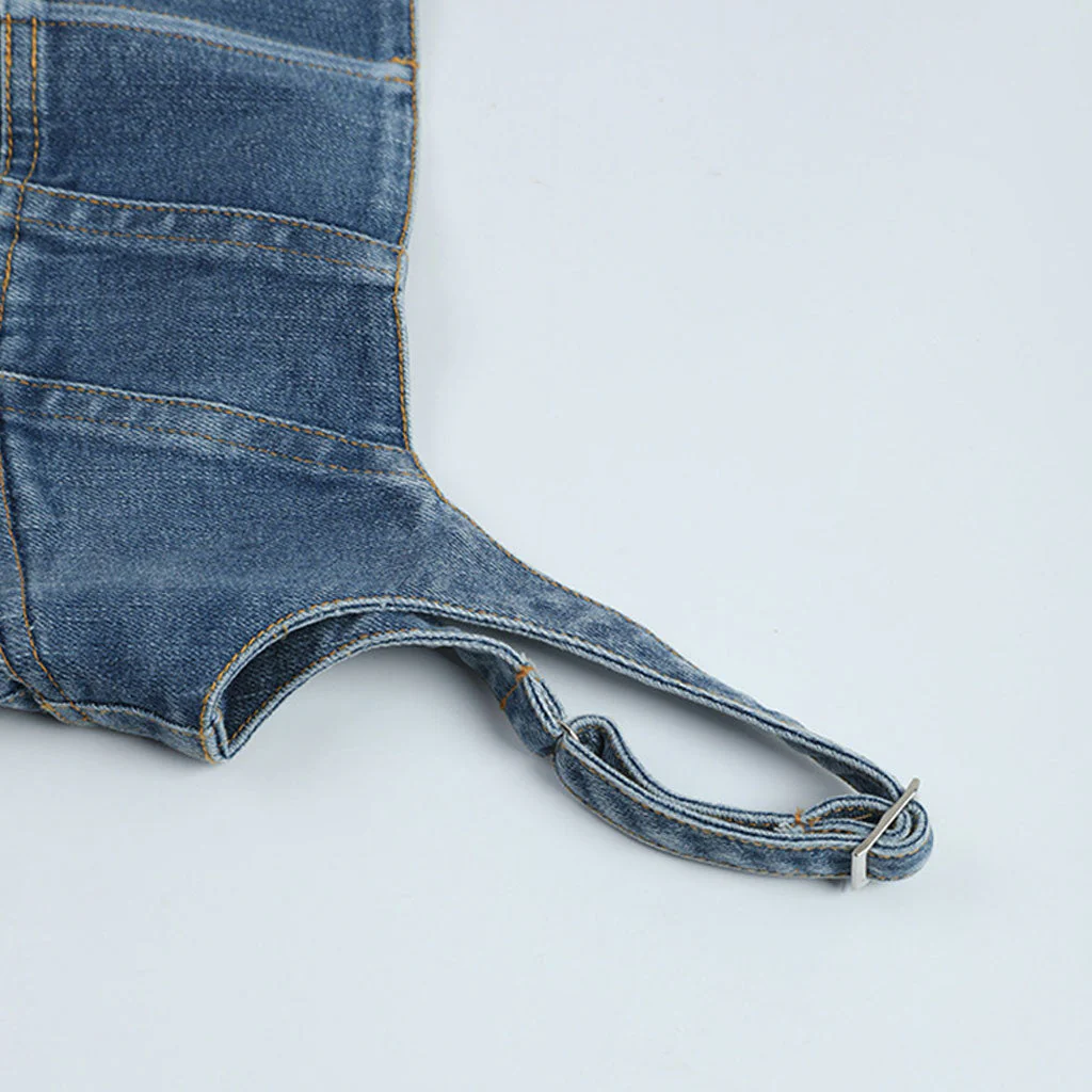 Stylish Square Neck Sleeveless Tulle Panel Denim Corset Crop Top - Image 3