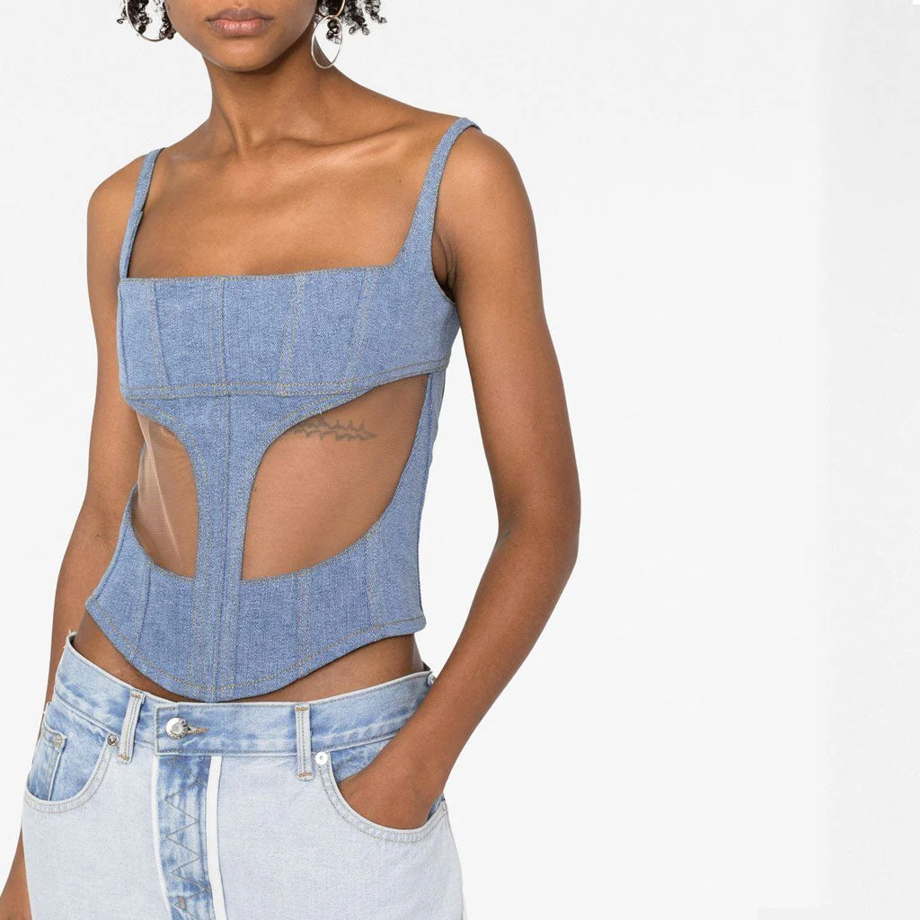 Stylish Square Neck Sleeveless Tulle Panel Denim Corset Crop Top - Image 5