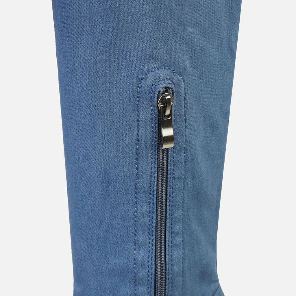 Stylish Square Toe Over Knee Platform Chunky Heeled Boots - Denim Blue - Image 3
