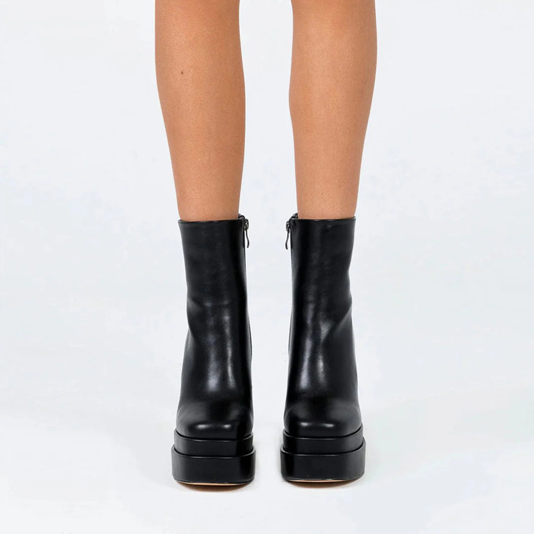 Stylish Square Toe Side Zip Platform Block Heel Mid Calf Boots - Black - Image 2
