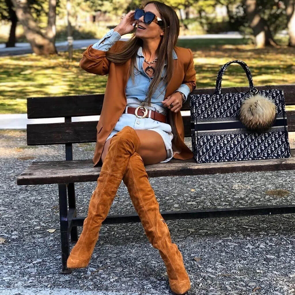 Stylish Suede Pointed Toe Over-knee Stiletto Boots - Camel - Image 2