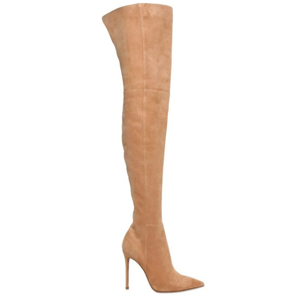 Stylish Suede Pointed Toe Over-knee Stiletto Boots - Camel - Image 4