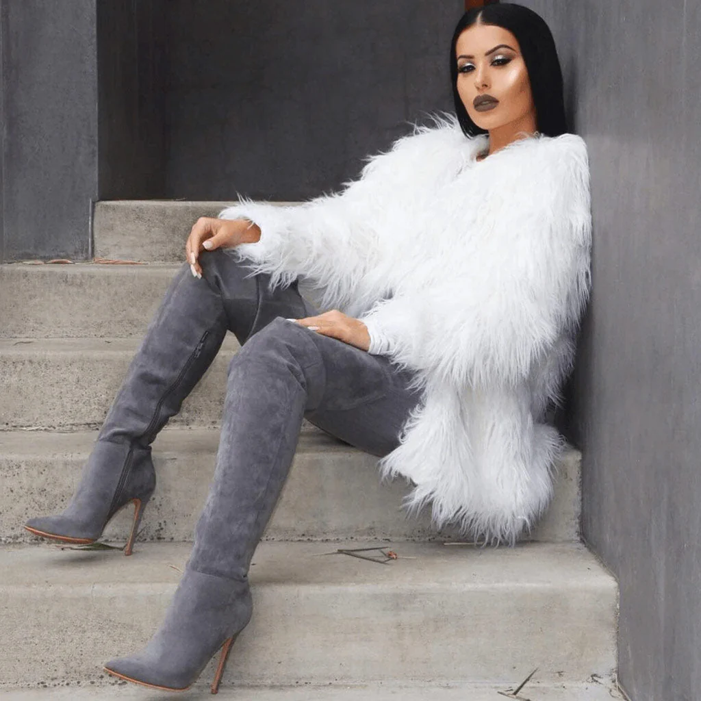 Stylish Suede Pointed Toe Over-knee Stiletto Boots - Gray - Image 2