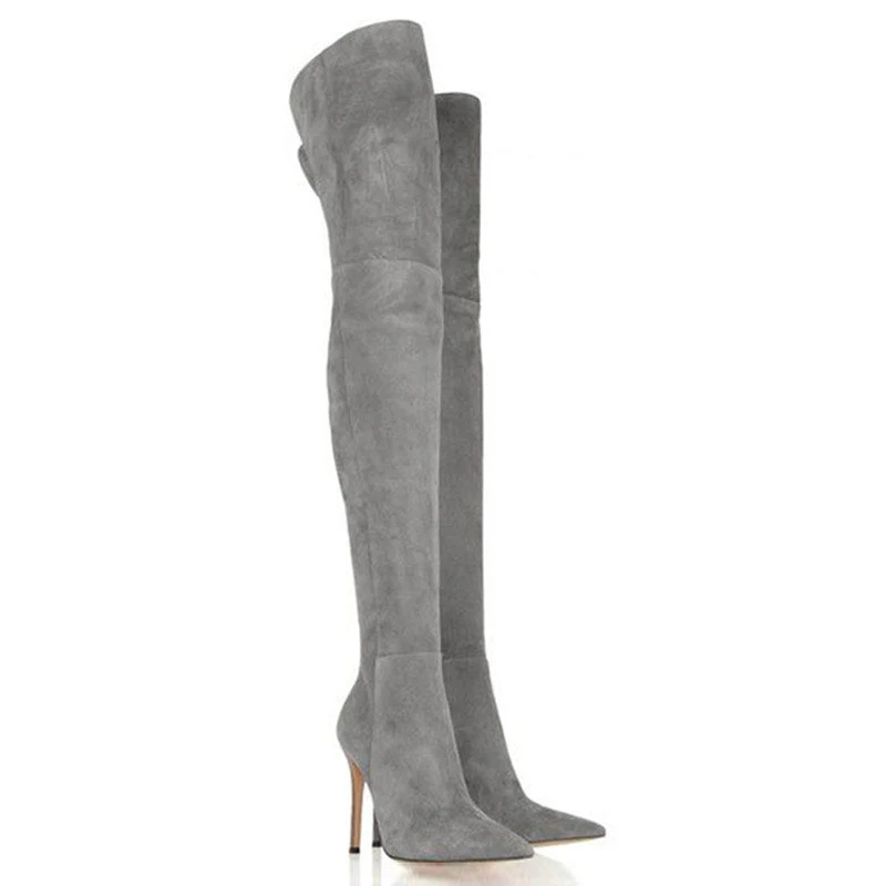 Stylish Suede Pointed Toe Over-knee Stiletto Boots - Gray - Image 5