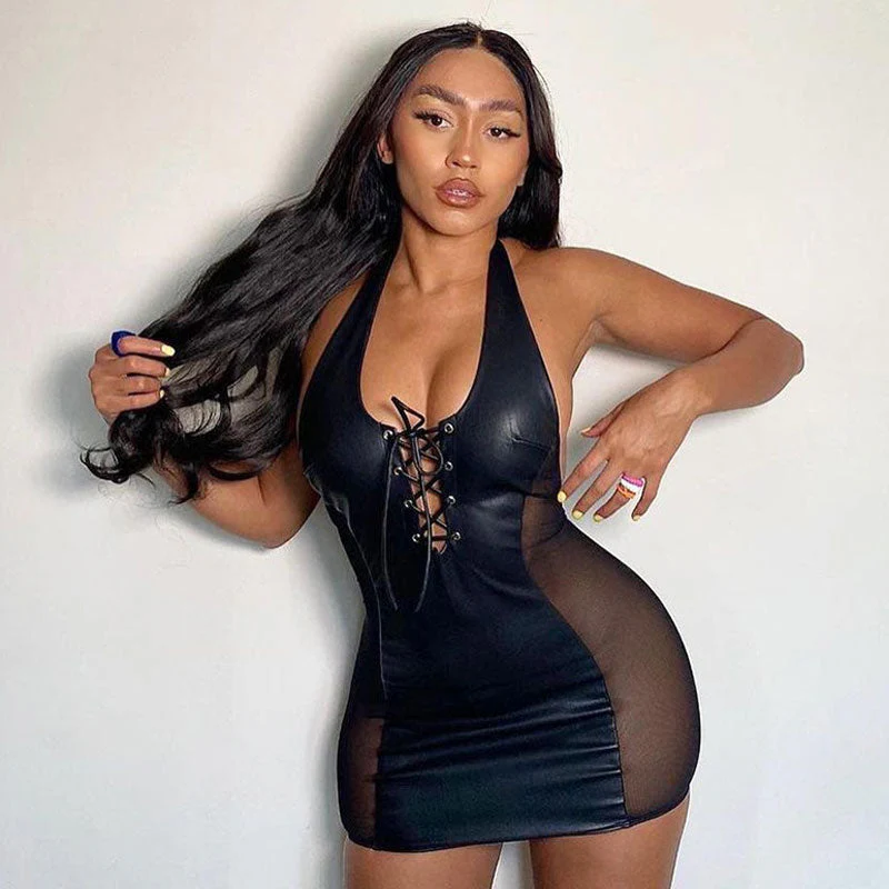 Sultry Backless Mesh Panel Faux Leather Lace Up Club Mini Dress - Black - Image 2
