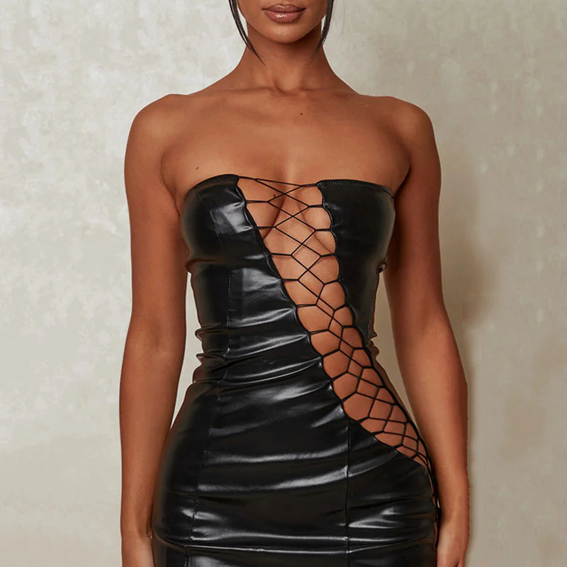 Sultry Faux Leather Strapless Lace Up Cut Out Bodycon Club Mini Dress - Black - Image 2