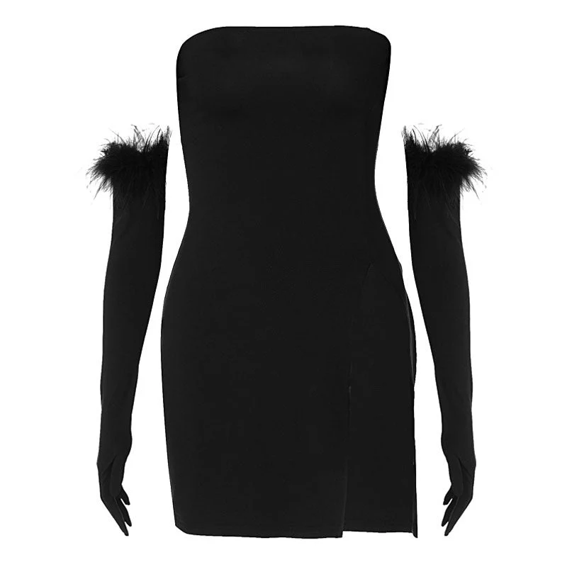 Sultry High Split Feather Glove Strapless Party Mini Dress - Black - Image 6