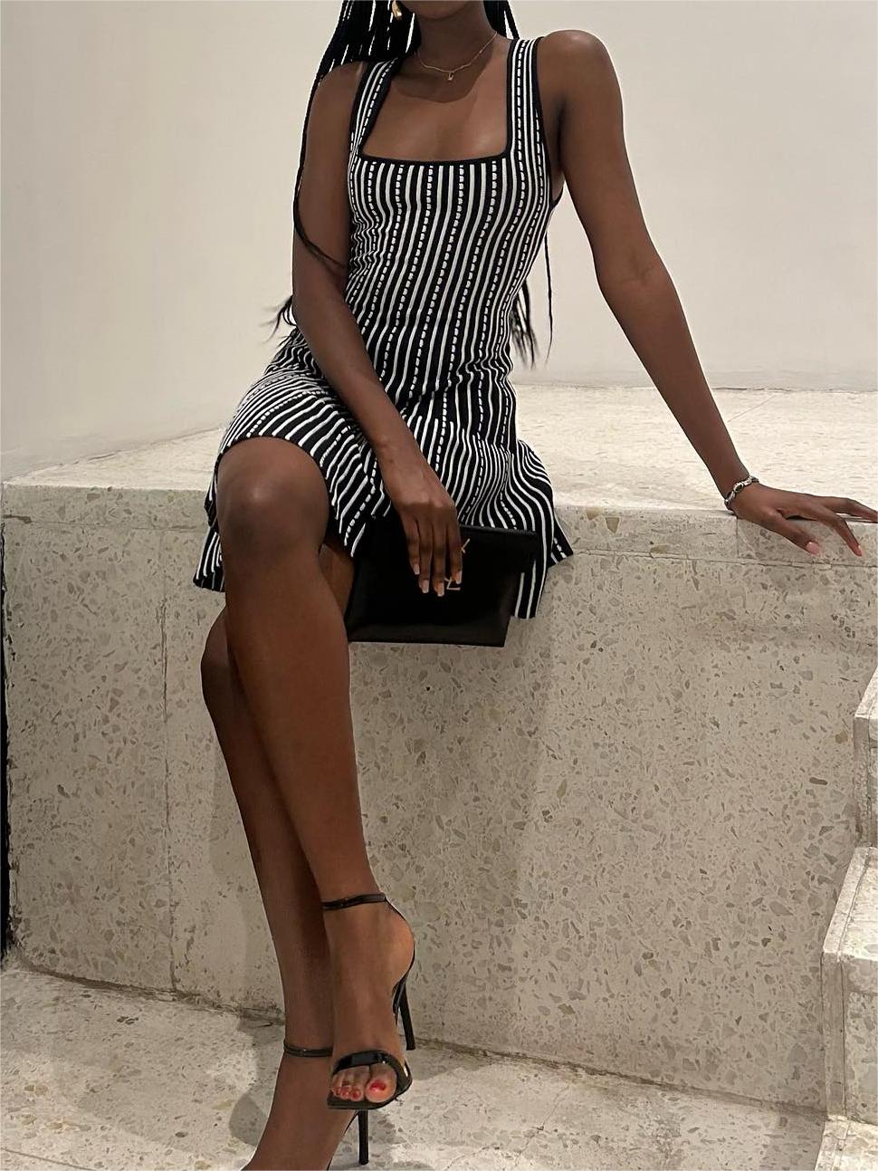 Summer Contrast Trim Striped Short Dress - Image 2