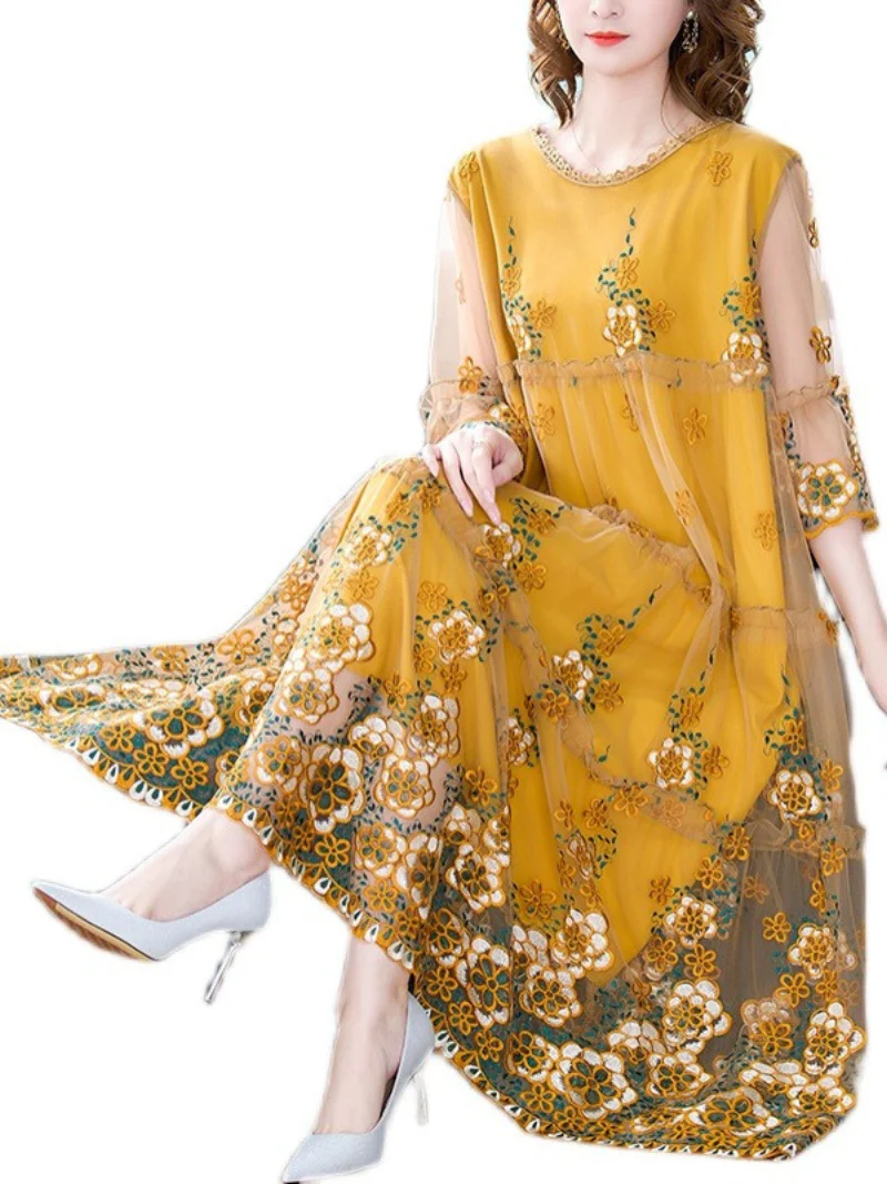 Summer Dresses for Women, Ladies Casual Flower Printing High Waist A-Line Summer Dresses for Women, Ladies Casual Printing High Waist A-Line Long Party Wear Dress With Plus Size Dress - Image 2