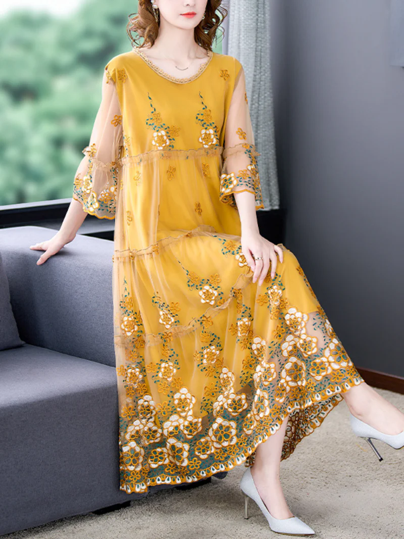 Summer Dresses for Women, Ladies Casual Flower Printing High Waist A-Line Summer Dresses for Women, Ladies Casual Printing High Waist A-Line Long Party Wear Dress With Plus Size Dress - Image 3