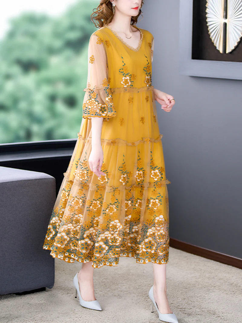Summer Dresses for Women, Ladies Casual Flower Printing High Waist A-Line Summer Dresses for Women, Ladies Casual Printing High Waist A-Line Long Party Wear Dress With Plus Size Dress - Image 4