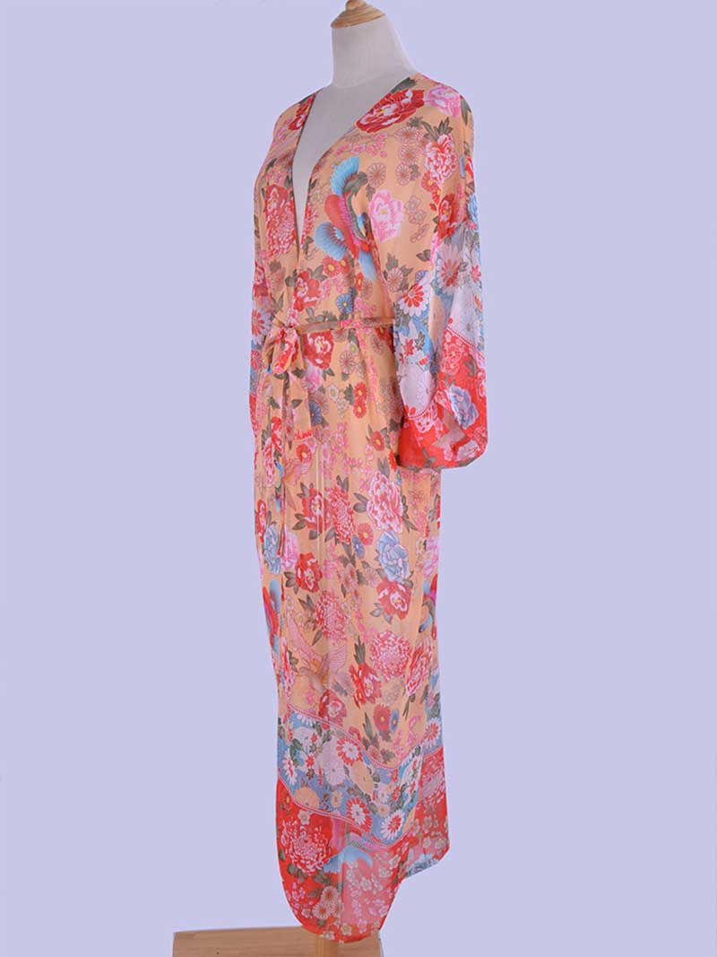 Nightwear Chiffon Floral Print Pink Color Long Length Gown Kimono Duster Robe - Image 2