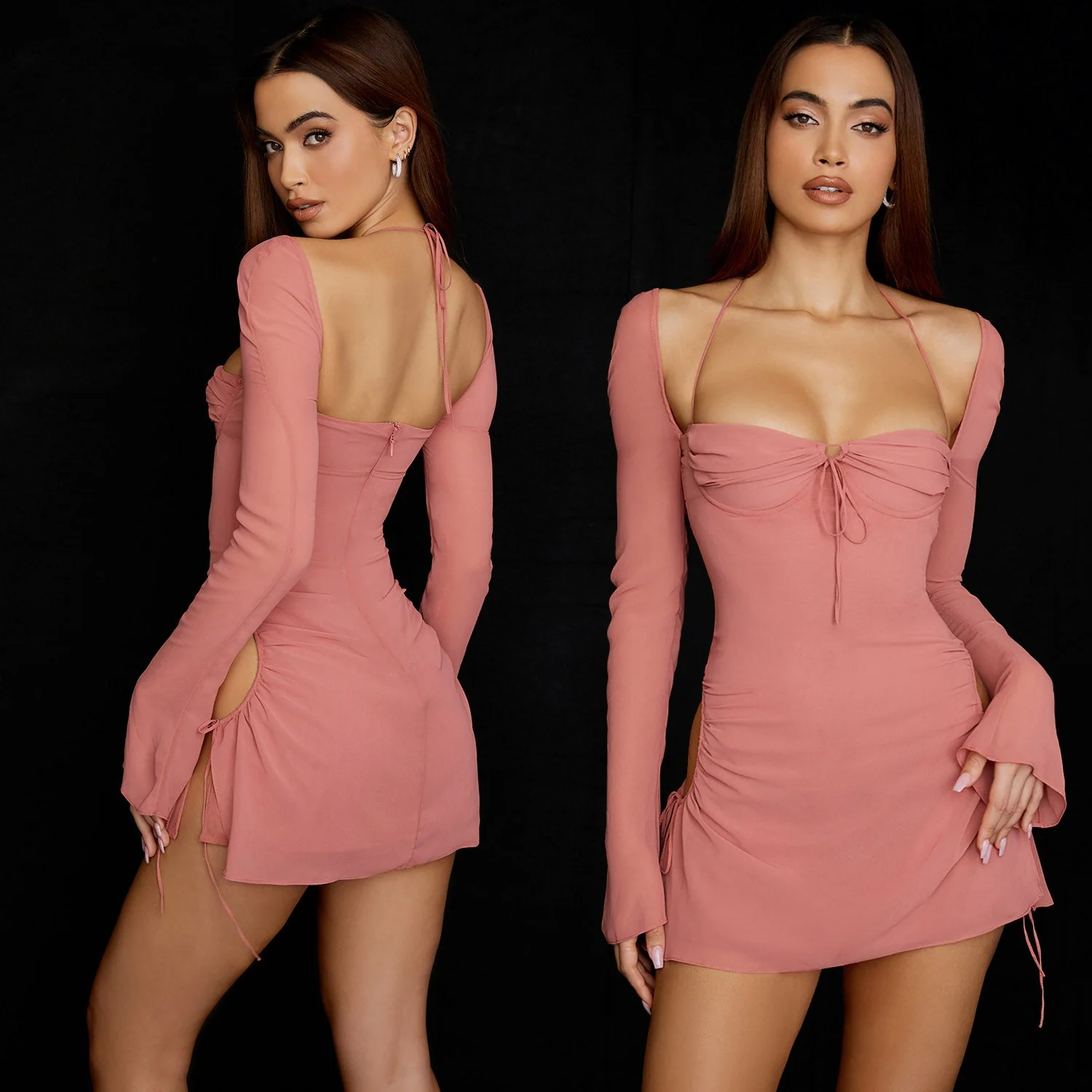 ETSUKO Long Sleeve Lace UP Mini Dress - Image 9