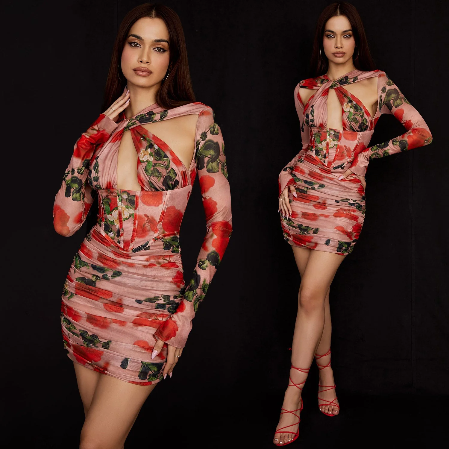 EMA Long Sleeve Lace UP Mini Dress - Image 2