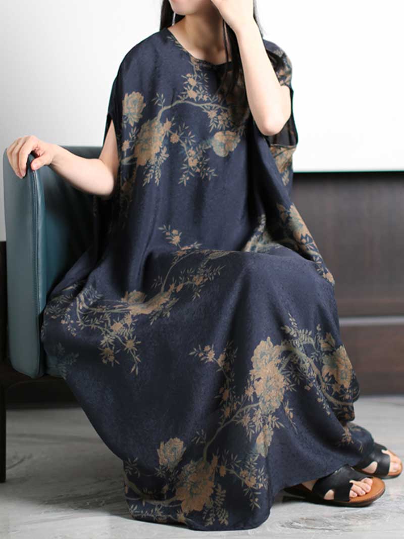 Summer wear Printed Silk Dark-Blue Kaftan Dress - Image 3