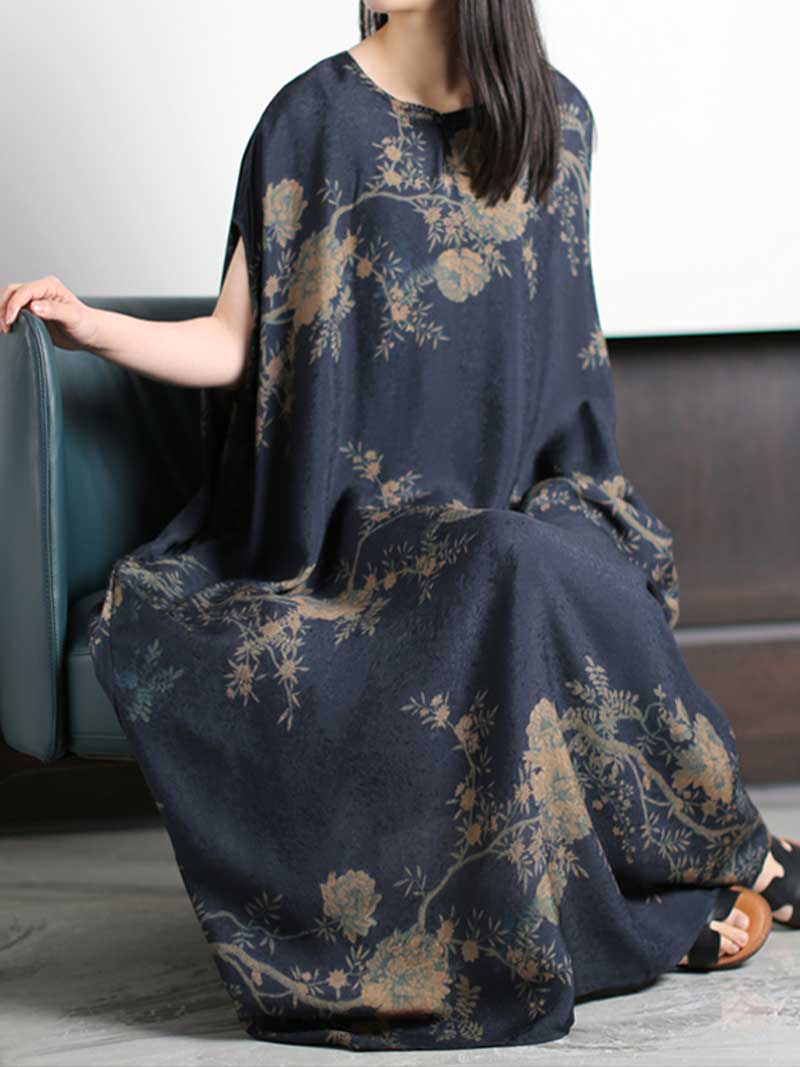 Summer wear Printed Silk Dark-Blue Kaftan Dress - Image 4