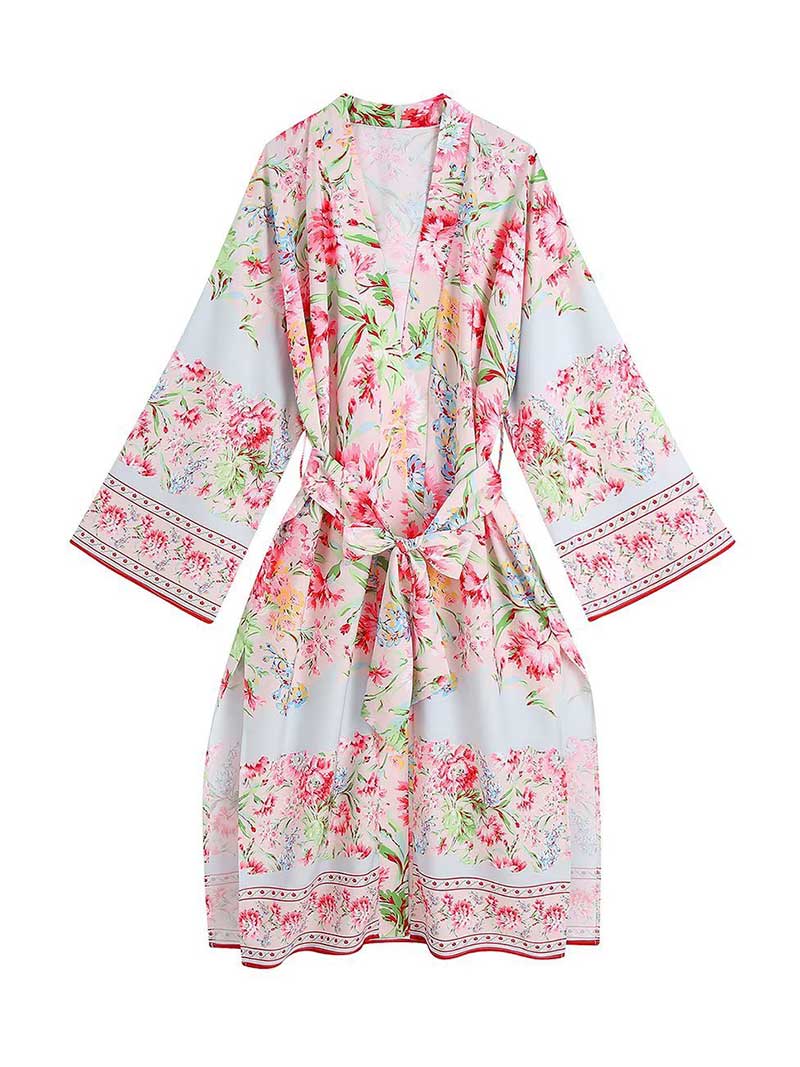 Summer Wear White Printed Long Duster Robe Kimono - Image 2