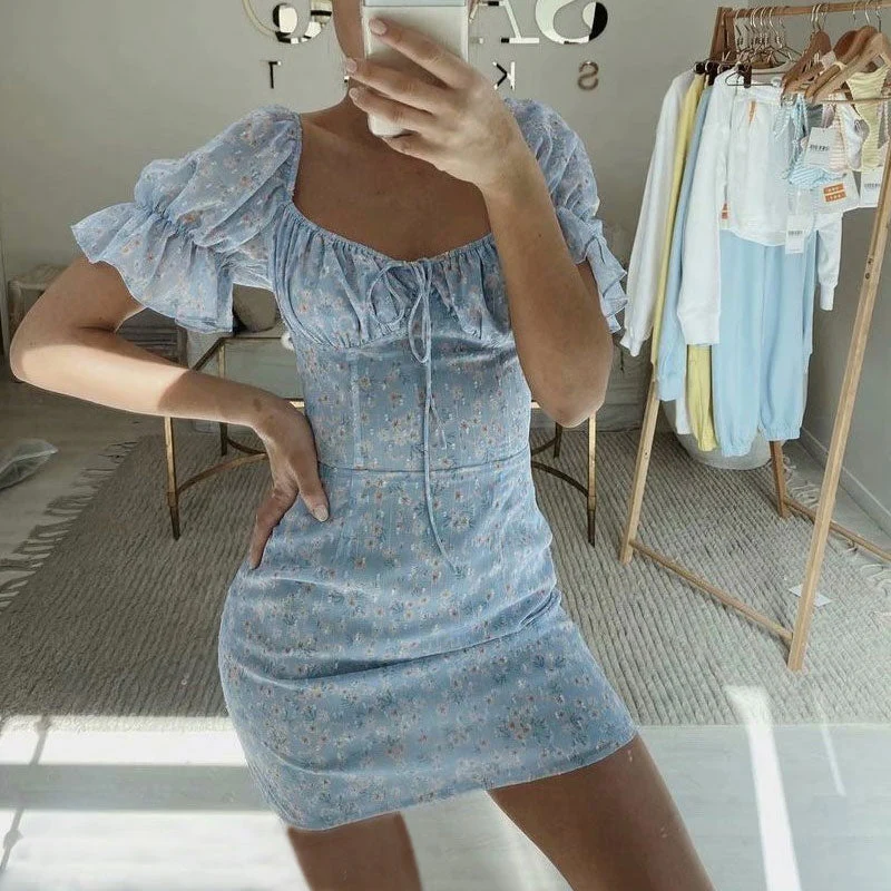 Summery Daisy Tied Bustier Puff Sleeve Bodycon Mini Dress - Blue - Image 3