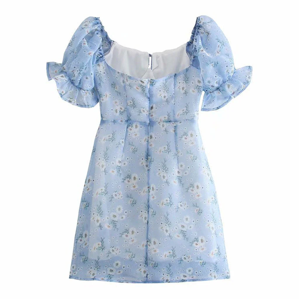Summery Daisy Tied Bustier Puff Sleeve Bodycon Mini Dress - Blue - Image 4