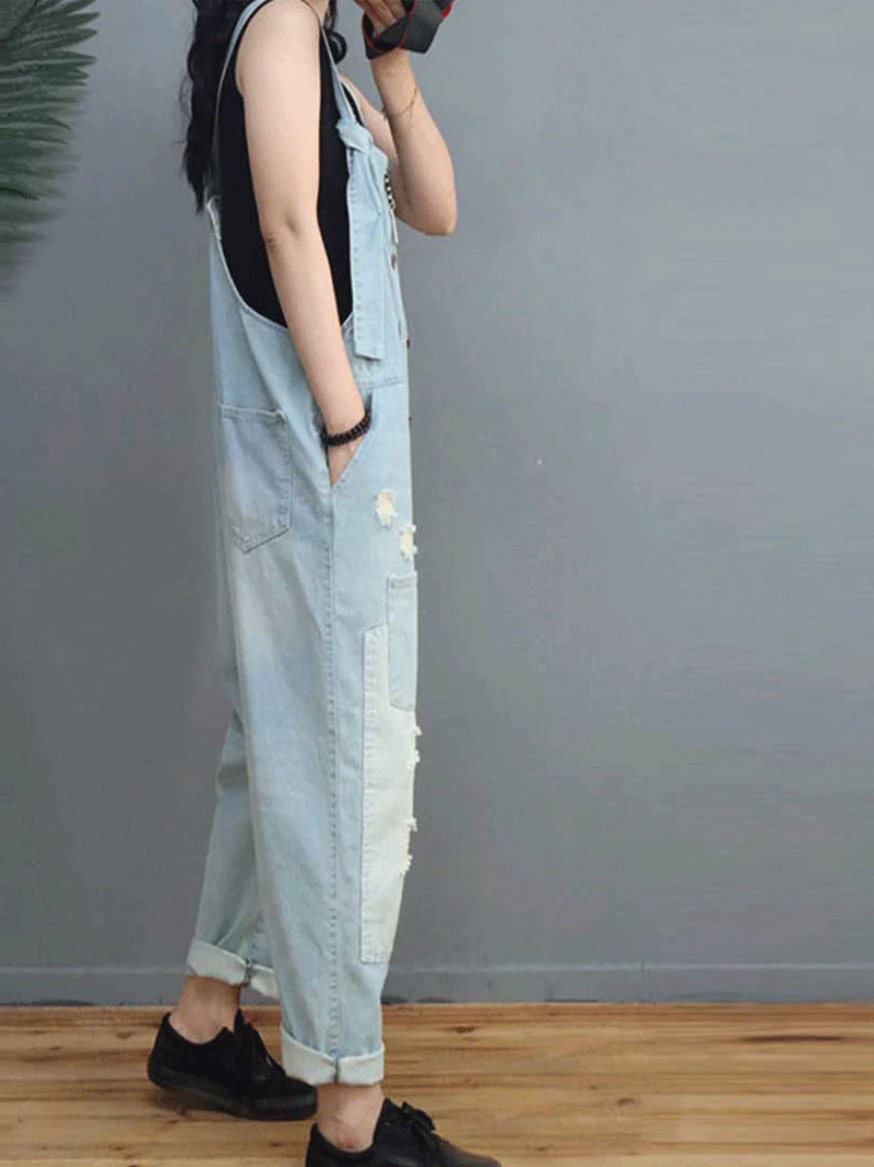Sun Goes Down Cotton Denim Ripped Overall Dungarees - Image 2