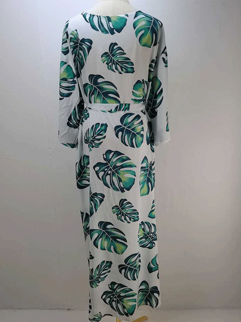 Picnic Partywear Leaf Print White Color Polyester Long Length Gown Kimono Duster Robe - Image 2