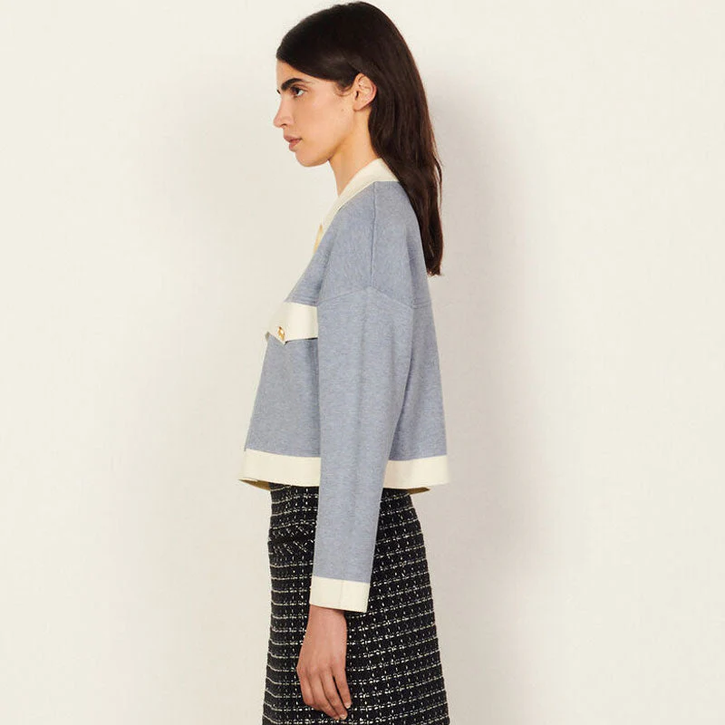 Sweet Contrast Long Sleeve Button Up Crop Knit Cardigan - Dusty Blue - Image 2