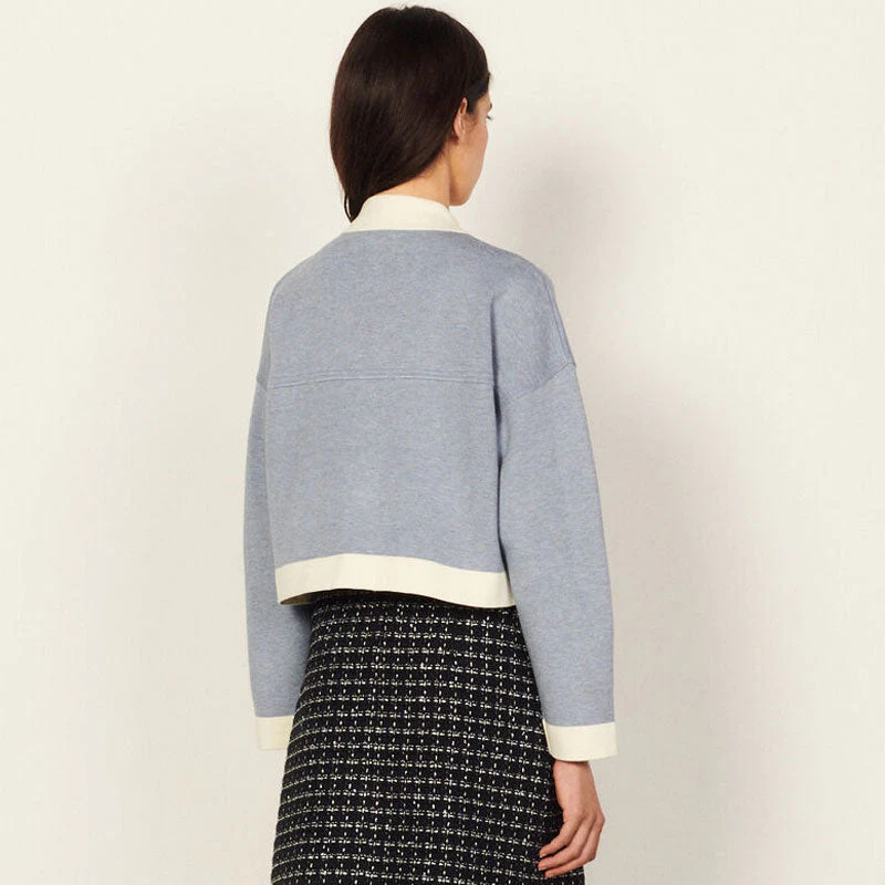 Sweet Contrast Long Sleeve Button Up Crop Knit Cardigan - Dusty Blue - Image 3