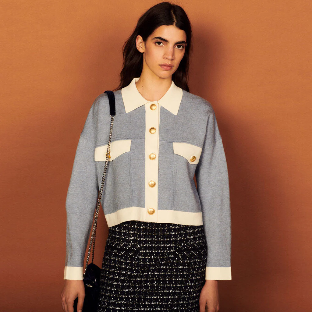 Sweet Contrast Long Sleeve Button Up Crop Knit Cardigan - Dusty Blue - Image 4