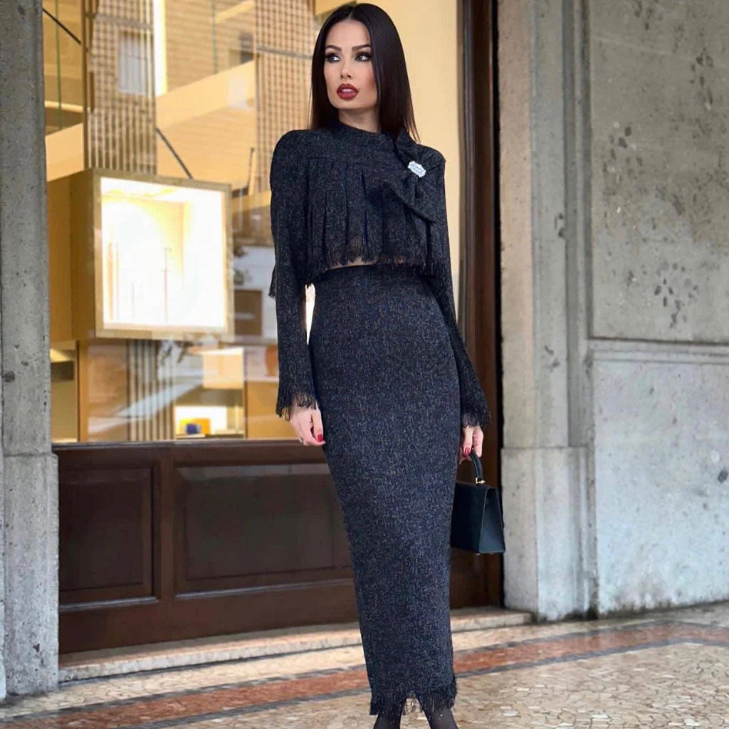 Sweet Crystal Bow Fringe Crop Pleated Tweed Top High Waist Maxi Skirt Matching Set - Image 3