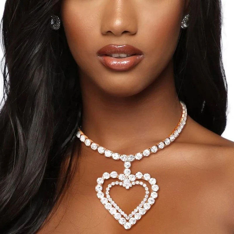 Sweet Double Heart Pendant Crystal Embellished Collar NeckLace - Silver - Image 2