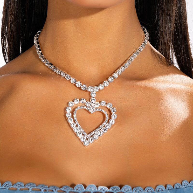 Sweet Double Heart Pendant Crystal Embellished Collar NeckLace - Silver - Image 3