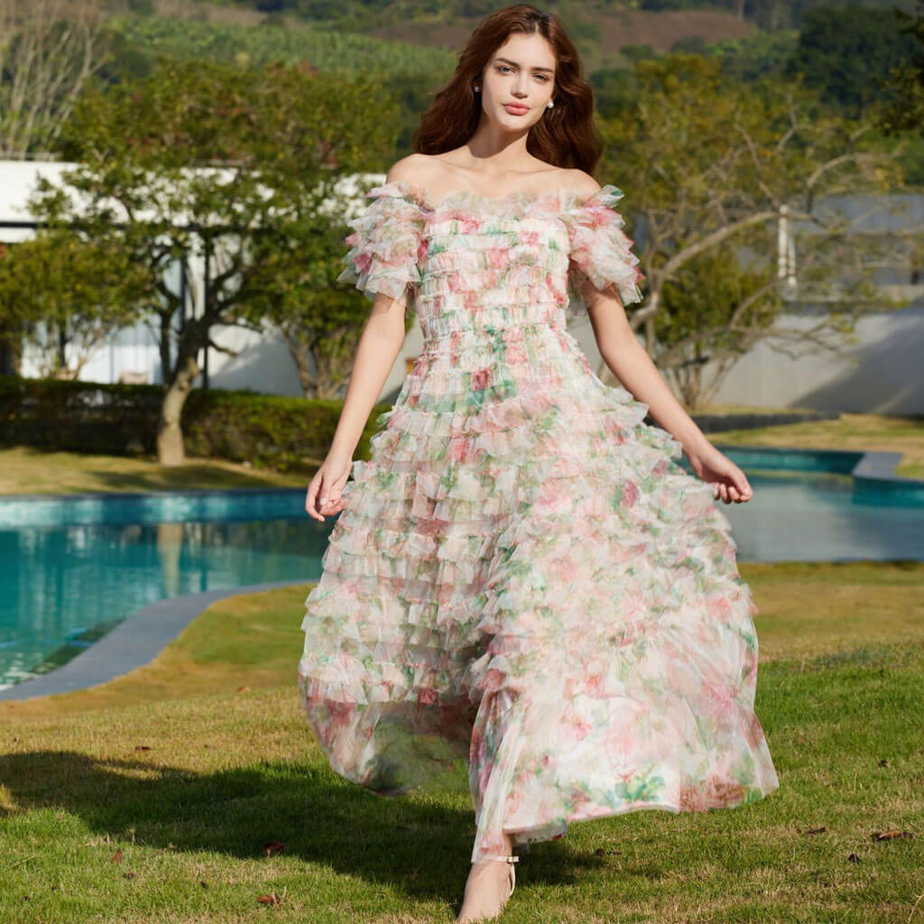 Sweet Floral Print Off Shoulder Short Sleeve Ruffle Tier Layered Tulle Maxi Dress - Image 2