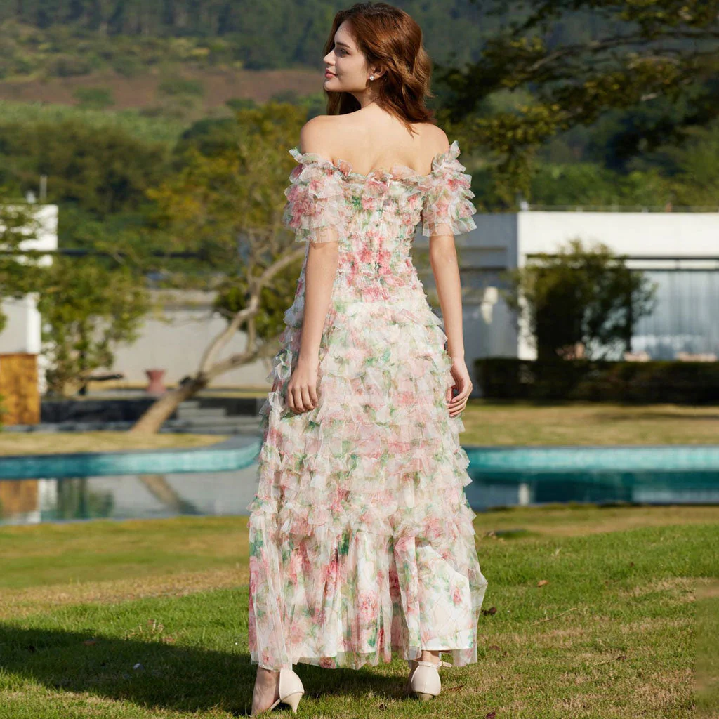 Sweet Floral Print Off Shoulder Short Sleeve Ruffle Tier Layered Tulle Maxi Dress - Image 4